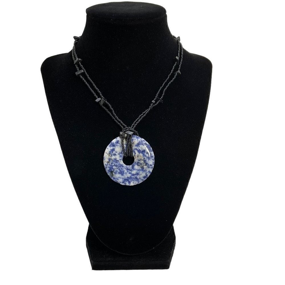 Sodalite Necklace Blue White Natural Stone Donut Pendant Black Beaded Chain